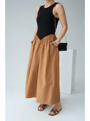 İki Renkli Elbise - Siyah-Taba