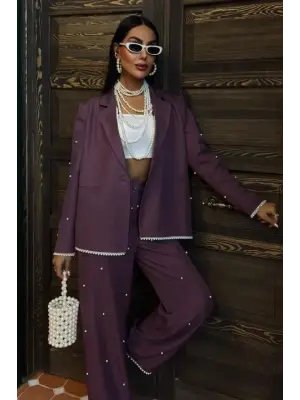 Omarı İnci Detaylı Keten Takım