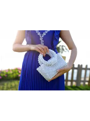 İncili el yapımı yuvarlak kol el çantası