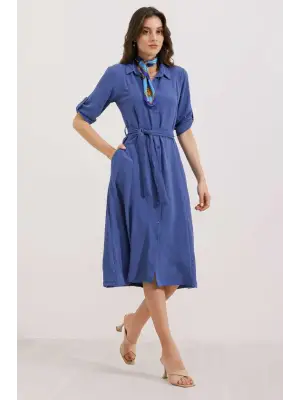 İndigo Kuşaklı Gömlek Elbise 2442