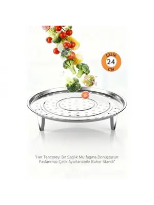 Inox Çelik Ayaklı Buharlı Pişirme Aparatı - 24 cm Çok Amaçlı Tencere İçi Haşlama Standı
