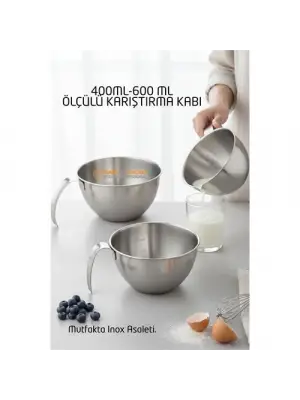 Inox Çelik Profesyonel Ölçülü Karıştırma Kabı Seti -400-600 ml Sos & Hazırlık Şefi Serisi