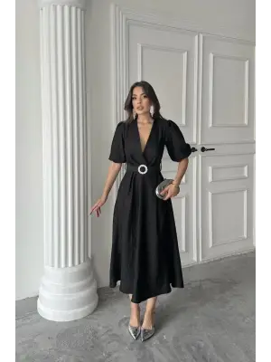 Omarı Işıltılı Kruvaze Siyah Elbise