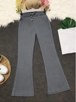 İspanyol Paça Bağcık Detaylı Kot Pantolon  -Açık Gri