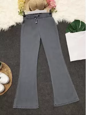 İspanyol Paça Bağcık Detaylı Kot Pantolon  -Açık Gri