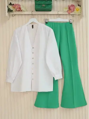 İspanyol Paça Beli Lastikli Likralı Pantolon -A.Yeşil