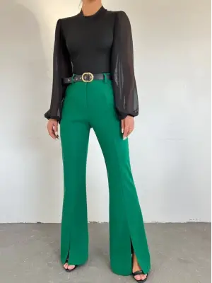 Omarı İspanyol Paça Yırtmaçlı Yeşil Pantolon