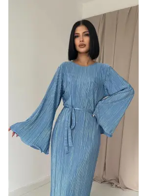 Omarı Şık Mavi Piliseli Elbise