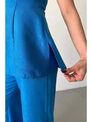 Omarı Mavi Jakar Keten Kolsuz Takım