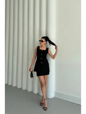 Omarı Zarif Siyah Jakar Yelek ve Kısa Etek Takımı