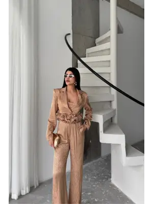 Omarı Jakarlı Tasarım Detaylı 3lü Takım - Bej