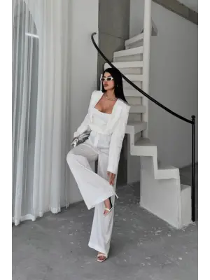 JAKARLI BLUZU TASARIM DETAYLI CEKET-PANTOLON-BLUZ 3 LÜ TAKIM - Beyaz