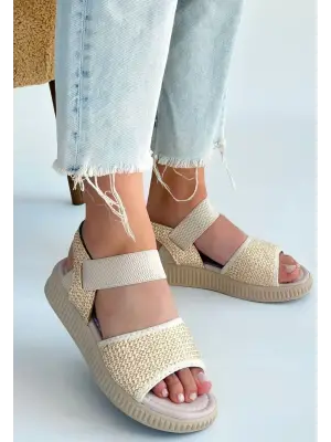 Bej Hasır Cilt Sandalet Kadın Giyim