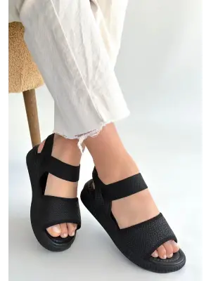 Siyah Hasır Cilt Sandalet Kadın Ayakkabı