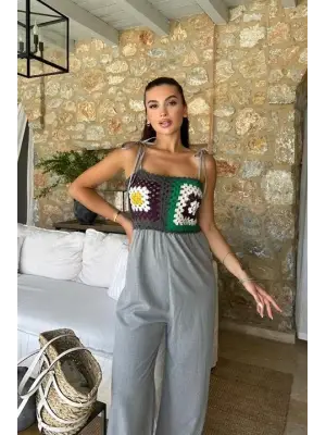 Omarı Zarif Jasmin Desenli Keten Tulum