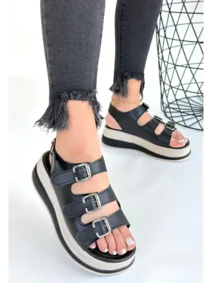 Siyah Cilt Sandalet Kadın Giyim