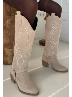 Jilla Bej Süet Tak Çıkar Topuklu Bot Ve Çizme