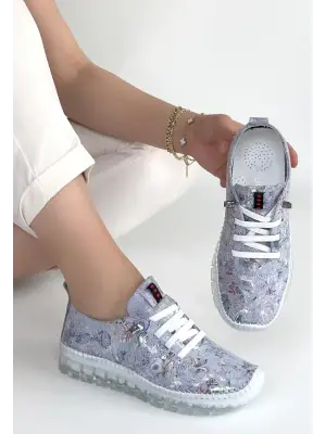 Jiten Lila Desenli Deri Bağcıklı Spor Ayakkabı