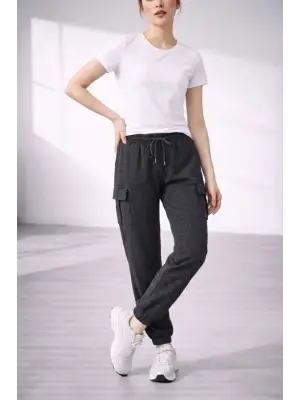 Jogger Eşofman Altı Rahat Kalıp, Kargo Cepli, Lastikli Paça, Günlük Spor Pantolon - Füme