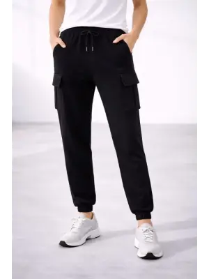 Jogger Eşofman Altı Rahat Kalıp, Kargo Cepli, Lastikli Paça, Günlük Spor Pantolon - Siyah