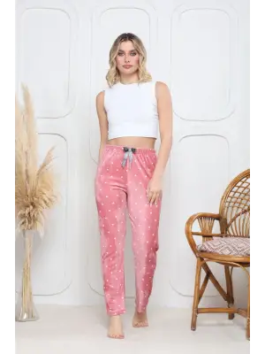 Pembe Kadife Pijama Altı Beyaz Kalpli Desenli Kadın Giyim