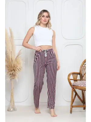 Pembe Kadife Pijama Altı Siyah Çizgi Desenli Kadın Giyim