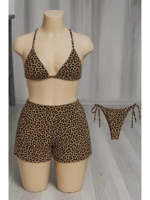 Omarı Leopar Desenli Bikini Mayo Seti