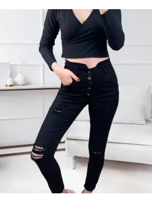 Kadın 5 Düğmeli V Detay Bel Yırtık Kot