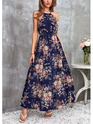 Omarı Açık Omuzlu Çiçek Desenli Süprem Elbise