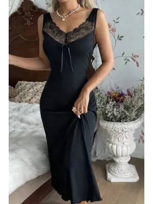 Kadın Askılı Dantel Yakalı Uzun Kalın Fitilli Kaşkorse Gecelik