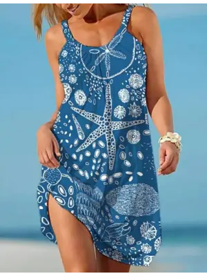 Kadın Askılı Deniz Yıldızı Desenli Süprem Elbise