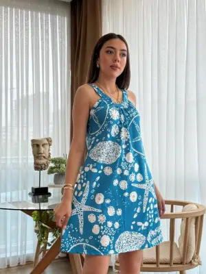 Kadın Askılı Deniz Yıldızı Desenli Süprem Elbise