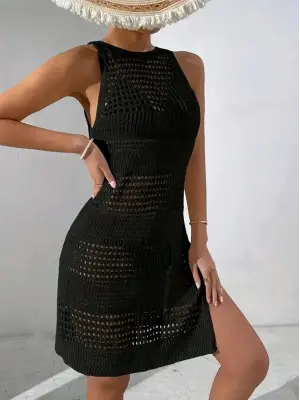 Kadın Askılı Derin Sırt Dekolteli Ajurlu Triko Pareo