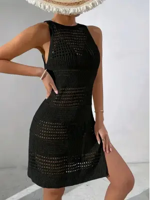 Omarı Derin Sırt Dekolteli Ajurlu Triko Pareo