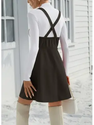 Kadın Askılı Düğmeli Mini Süet Elbise