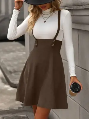 Kadın Askılı Düğmeli Mini Süet Elbise
