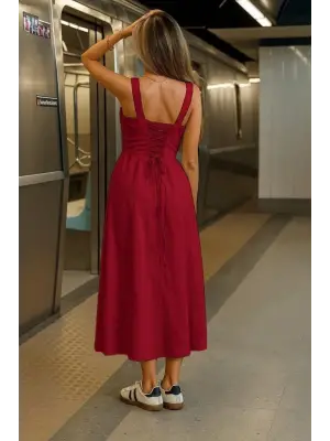 Kadın Askılı Geniş V Yakalı Sırttan Bağlamalı Yırtmaçlı Süprem Elbise