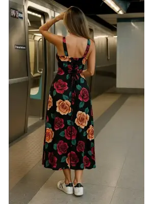 Kadın Askılı Geniş V Yakalı Sırttan Bağlamalı Yırtmaçlı Süprem Elbise