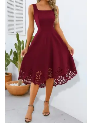 Kadın Askılı Geometrik Yaka çiçek Lazer Kesim Ithal Krep Elbise