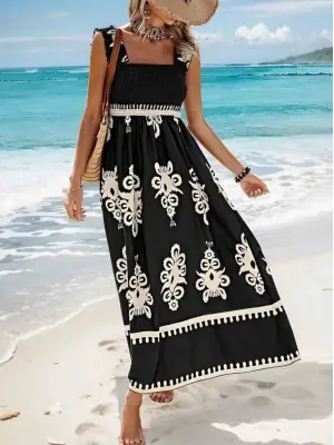 Kadın Askılı Kare Yaka Gipe Detaylı Desenli Suprem Elbise