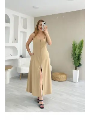 Kadın Askılı Kare Yaka önden Fermuarlı Geniş Kesim Janjan Krep Elbise