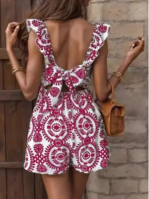 Omarı Şık Desenli Kadın Keten Tulum