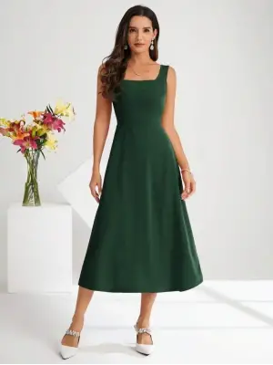 Kadın Askılı Kare Yakalı Midi Ithal Krep Elbise