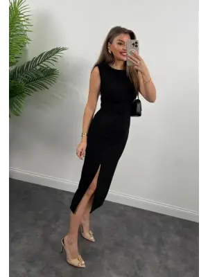 Kadın Askılı Kolsuz Belden Büzgülü Yırtmaçlı Midi Janjan Krep Elbise