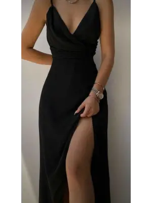 Kadın Askılı Kruvaze Yaka Derin Yırtmaçlı Krep Elbise