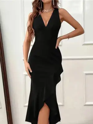 Kadın Askılı Kruvaze Yakalı önden Fırfırlı Uzun Ithal Krep Elbise