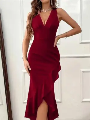 Kadın Askılı Kruvaze Yakalı önden Fırfırlı Uzun Ithal Krep Elbise