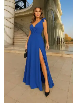 Kadın Askılı Omuzdan Bağlamalı Kruvaze Yakalı Uzun Yırtmaçlı Elbise