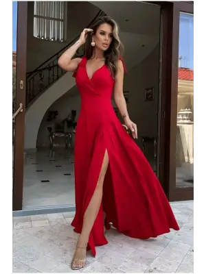 Kadın Askılı Kruvaze Yakalı Uzun Yırtmaçlı Elbise