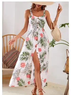 Kadın Askılı önden Düğmeli Yaprak Desenli Uzun Süprem Elbise